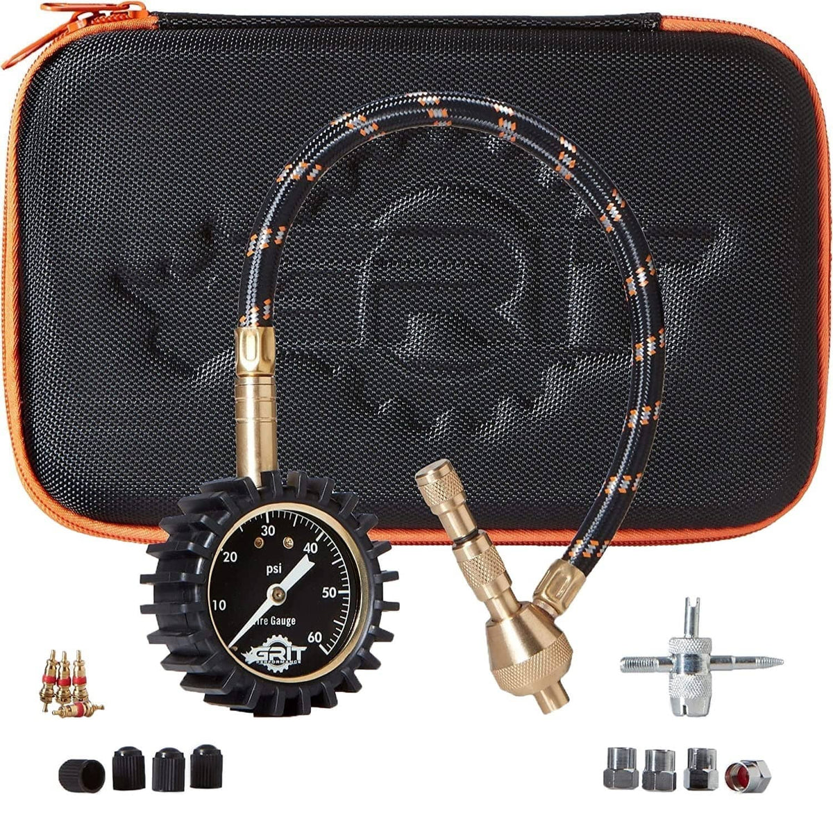Black zip carrying case with tire gauge, deflator hoses, and brass fittings