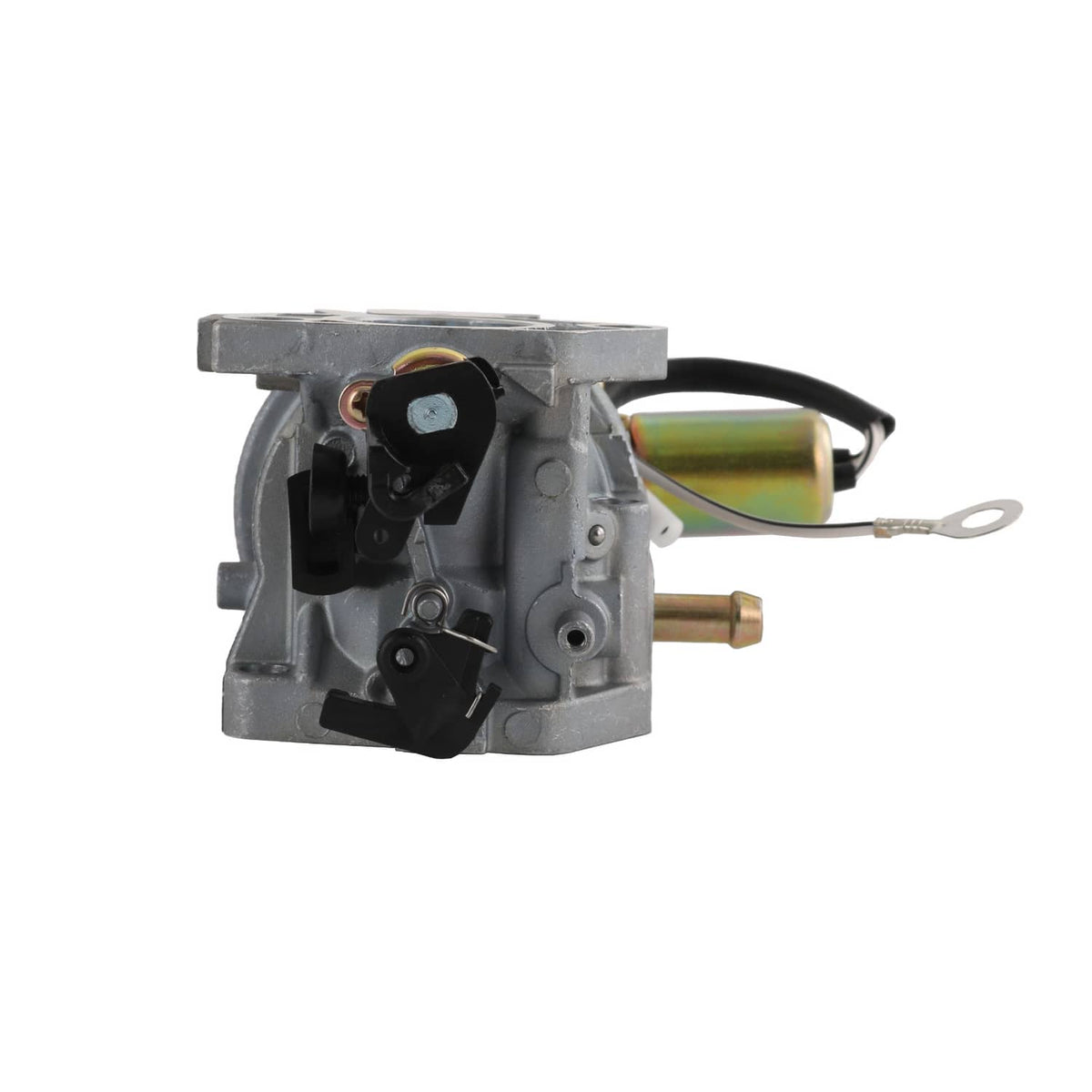 Carburetor assembly with gray housing, exposed black components, and rainbow-colored cylinder