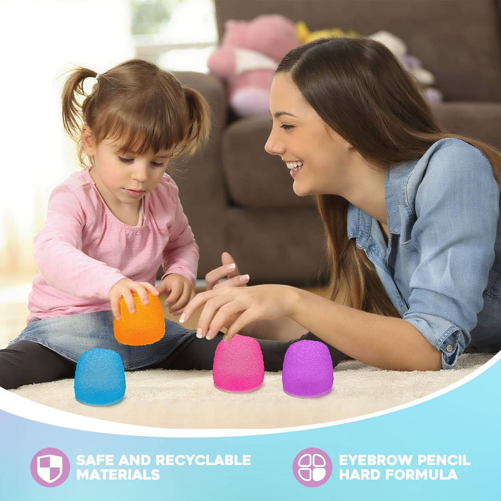 Child and adult playing with pink, blue, and purple squishy stress balls