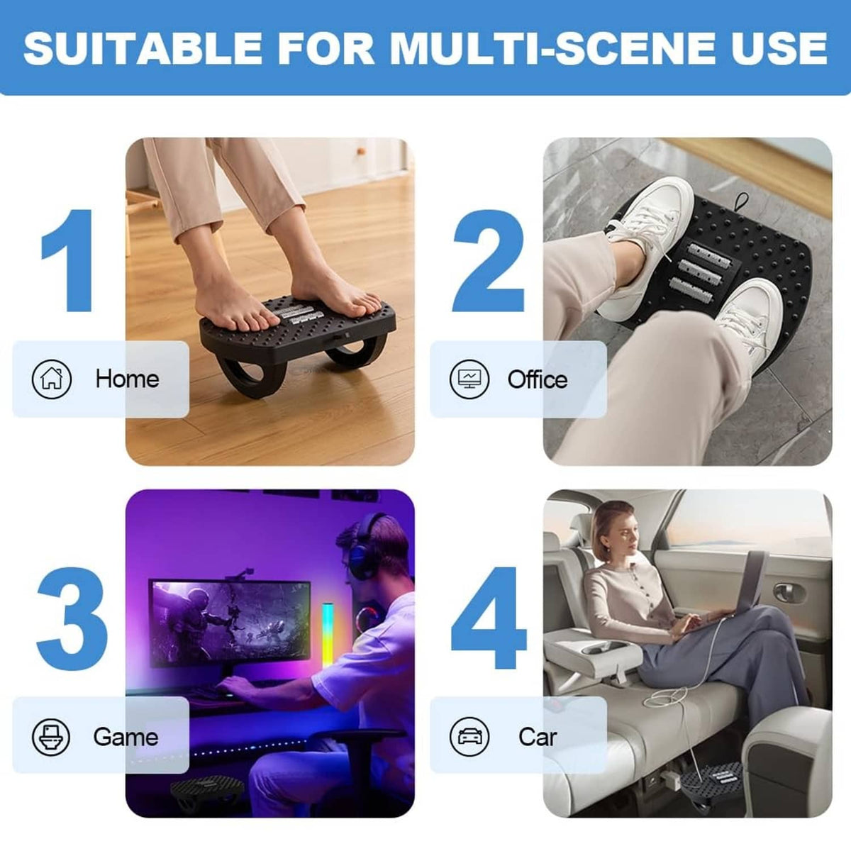 Black under-desk footrest shown for home, office, car, and game use