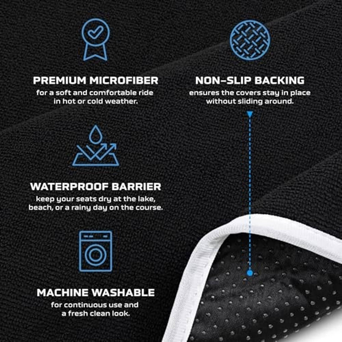 Waterproof golf cart seat cover fabric close-up with non-slip backing edge