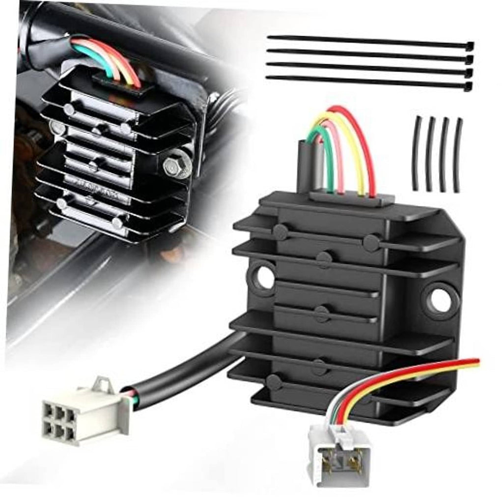 4-wire universal voltage regulator rectifier with black heat-sink and multi-wire harness