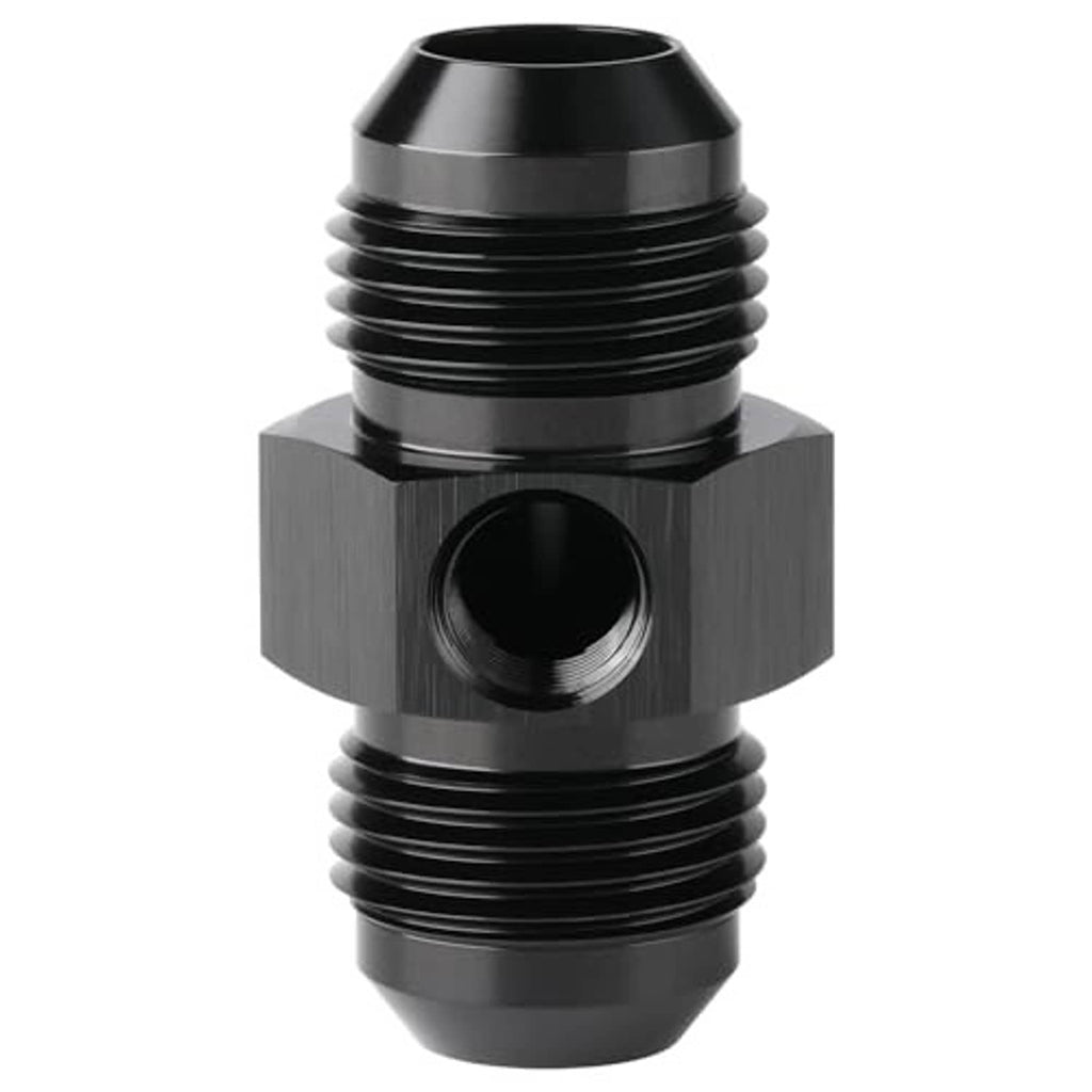 Black 10AN flare adapter fitting with hex body and open top port