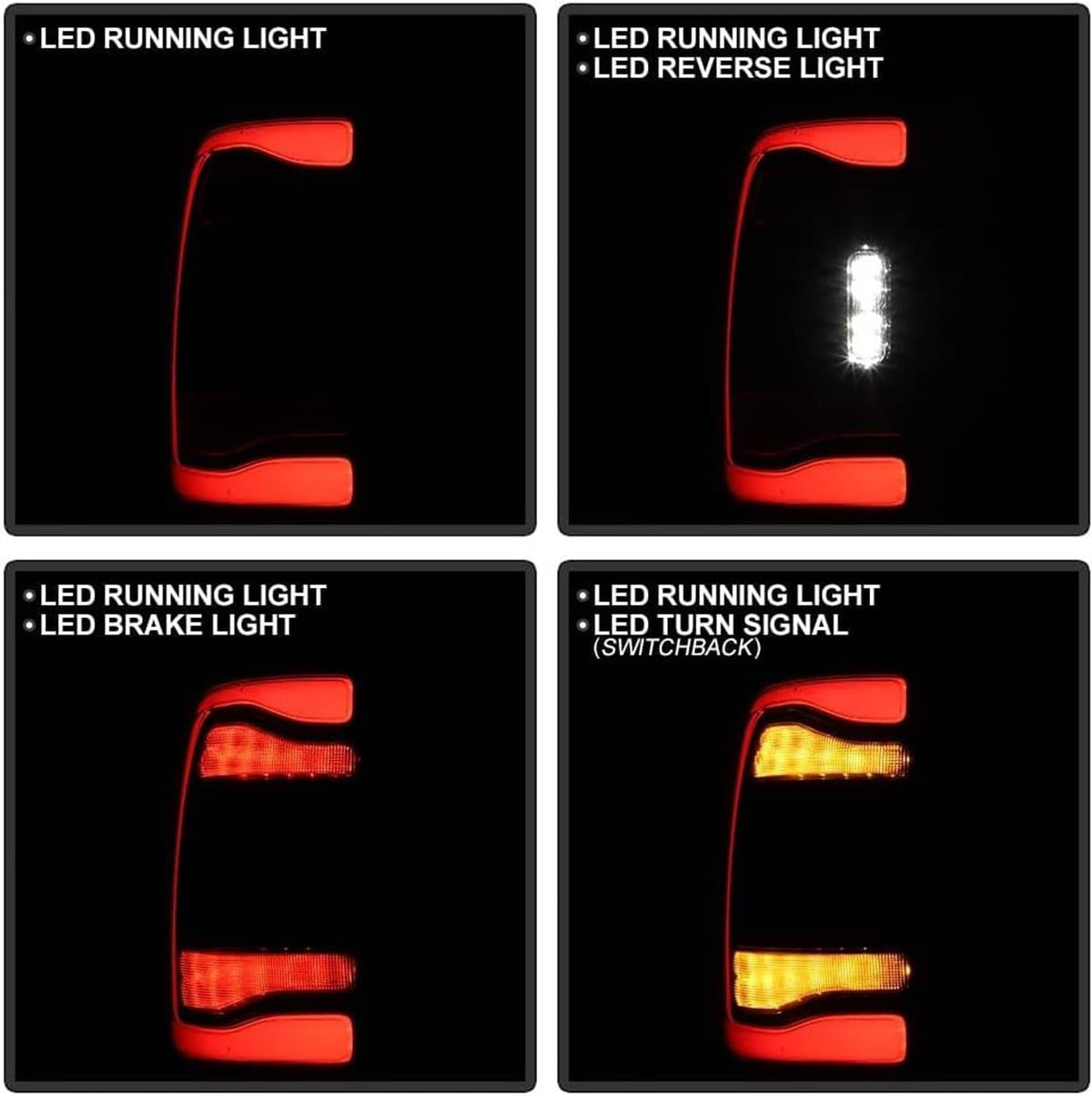 LED tail light functions display: running red outline, reverse white glow, brake and turn amber.