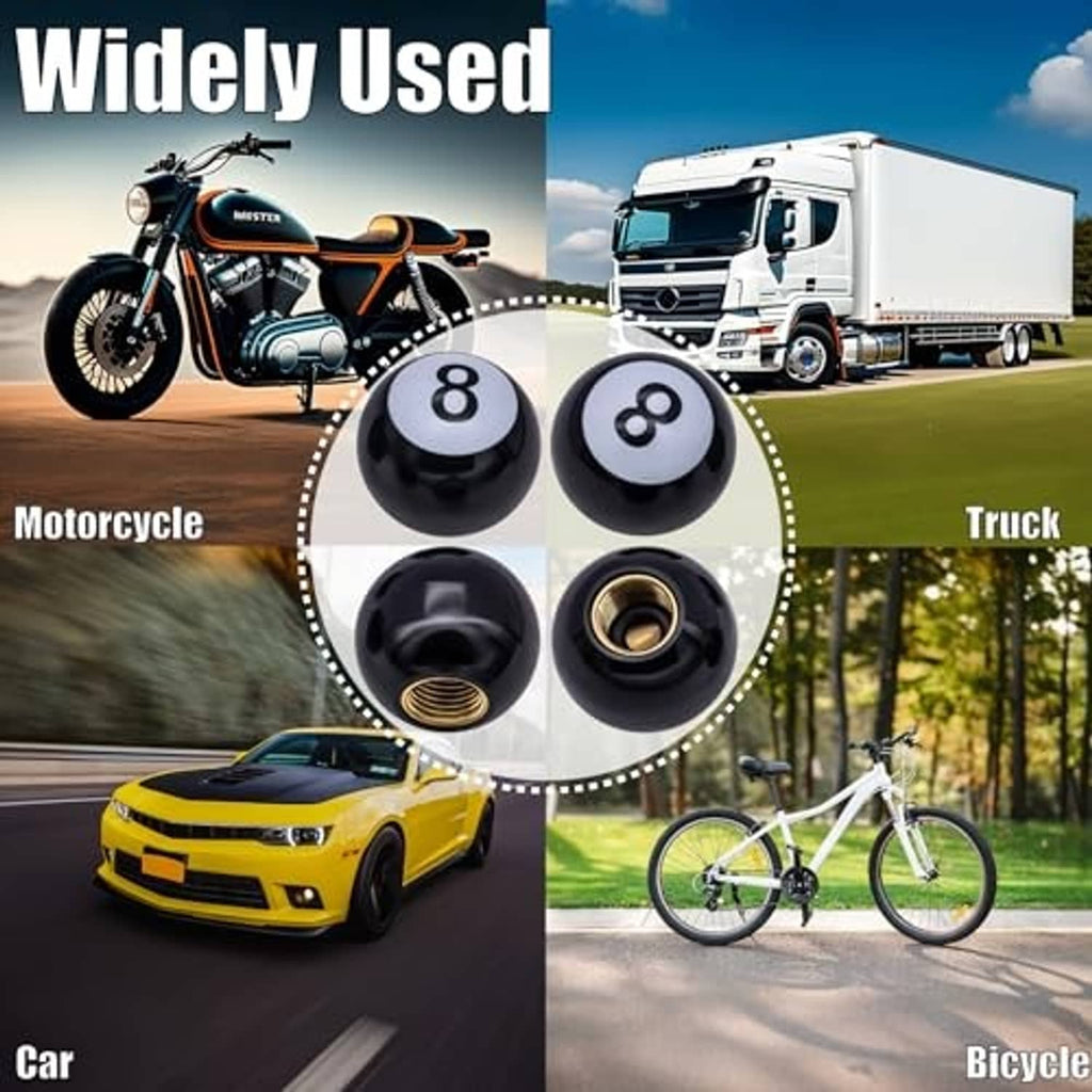 Four black 8-ball tire valve caps with white 8 icon and gold threaded insert