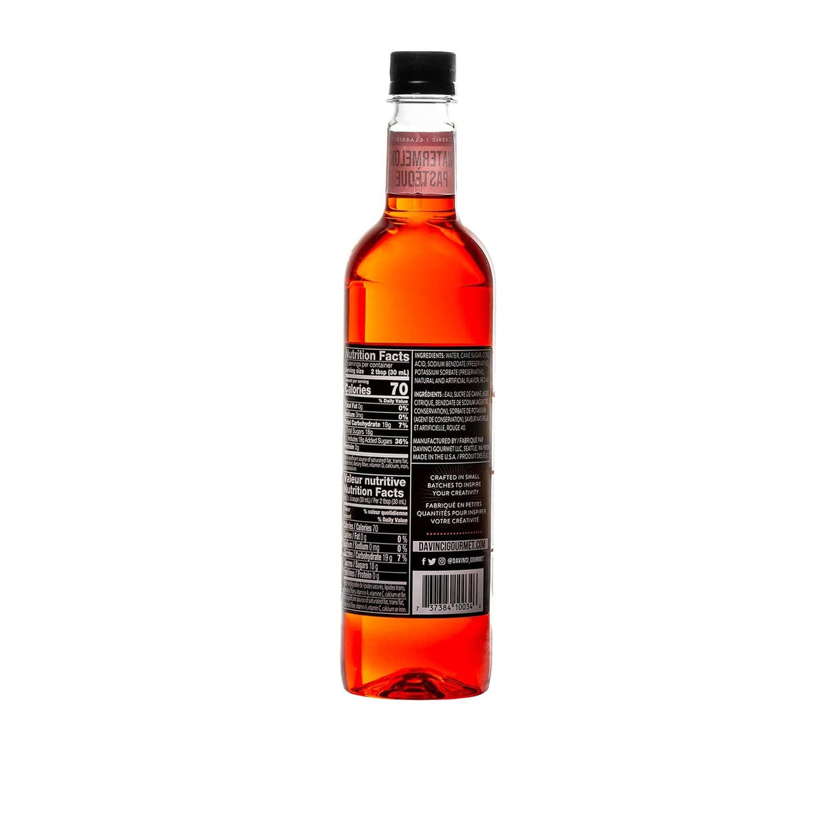 DaVinci Gourmet Watermelon syrup bottle back label with nutrition information