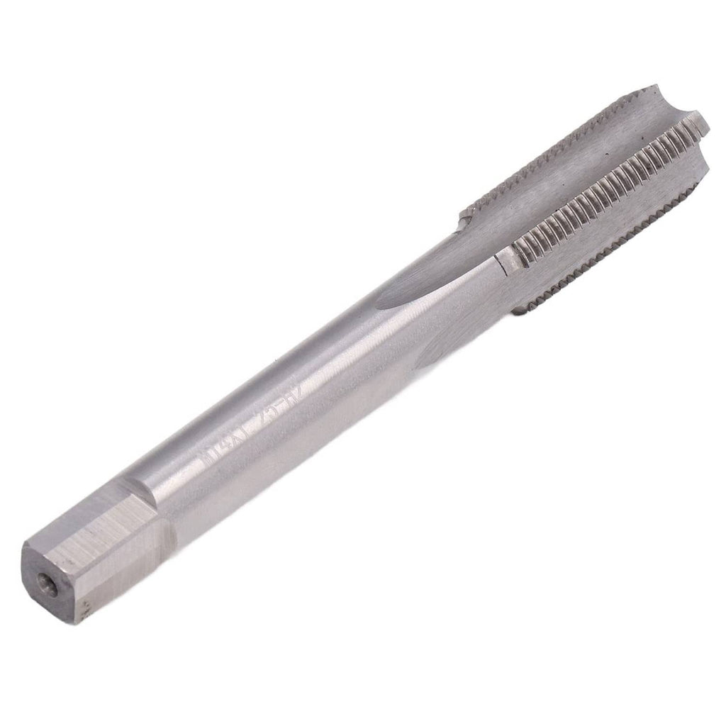 Long silver tap tool with helical cutting teeth and squared shank end