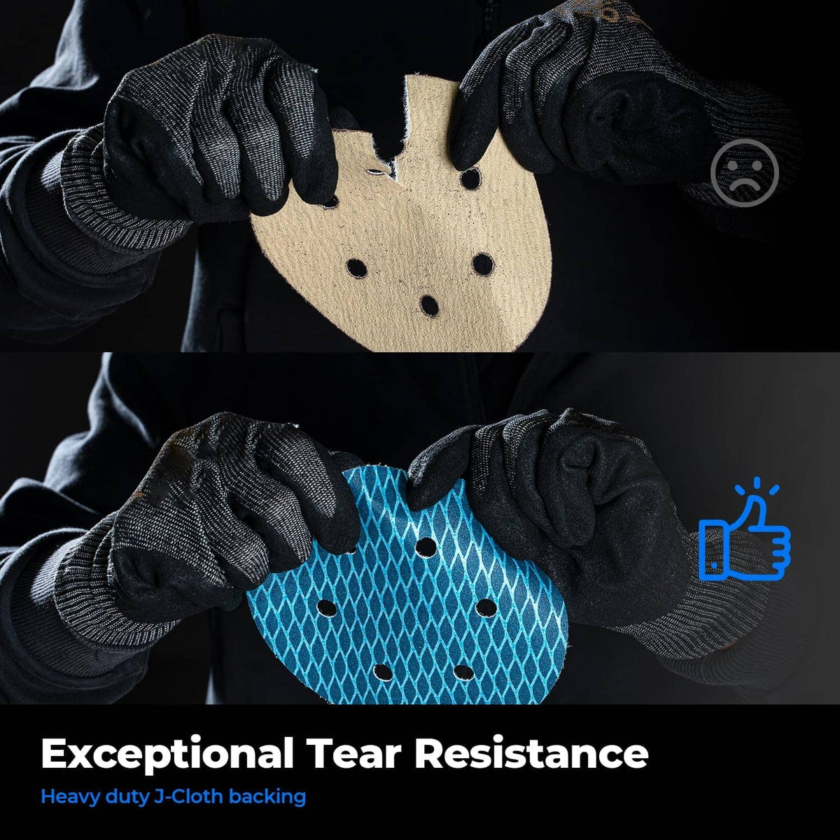 Blue 8-hole sanding disc with cloth backing, tear resistance shown in close-up.