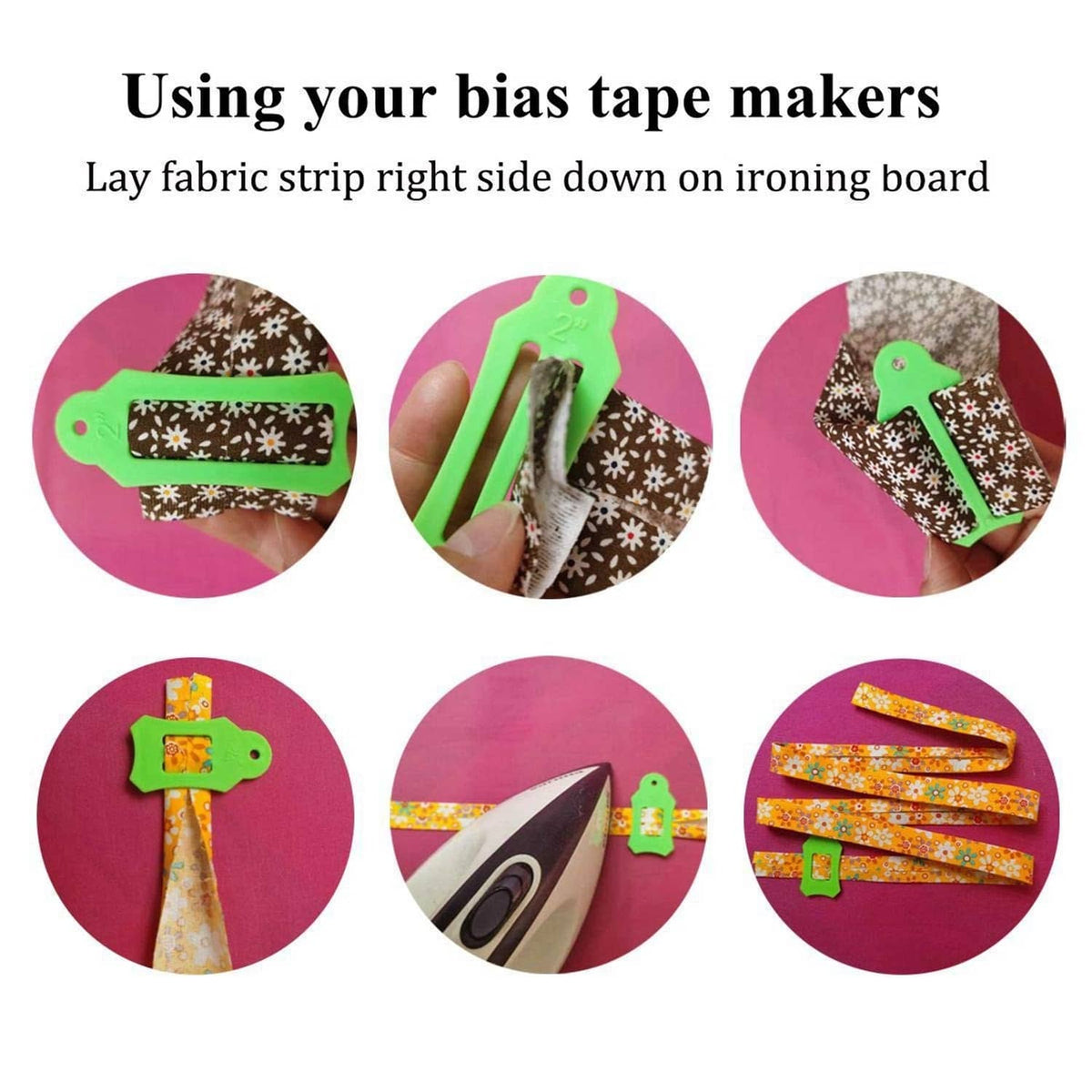 Bias tape maker tool showing fabric strip folded and pressed with green and pink maker