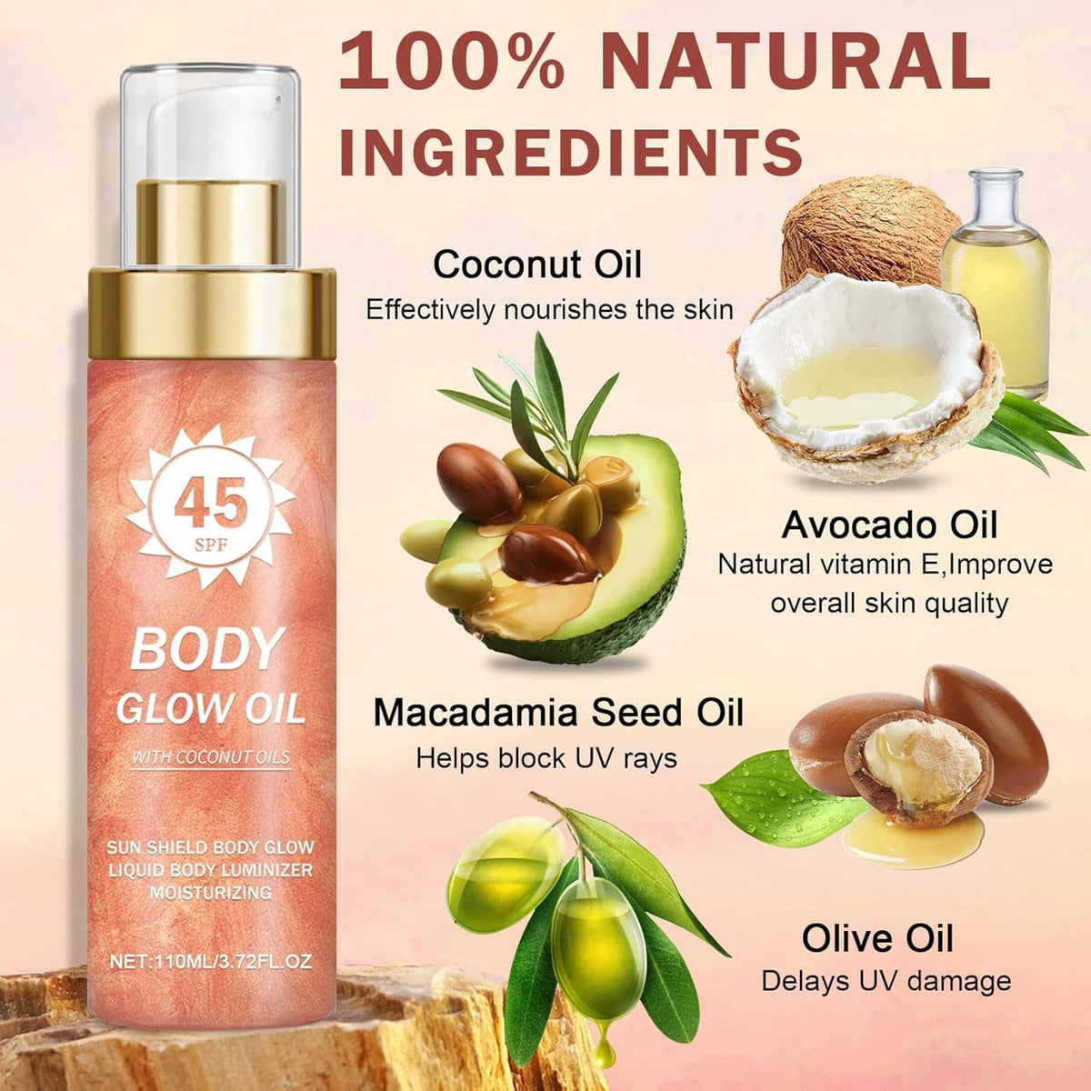 Body glow oil bottle labeled SPF 45 with natural oil ingredient illustrations.