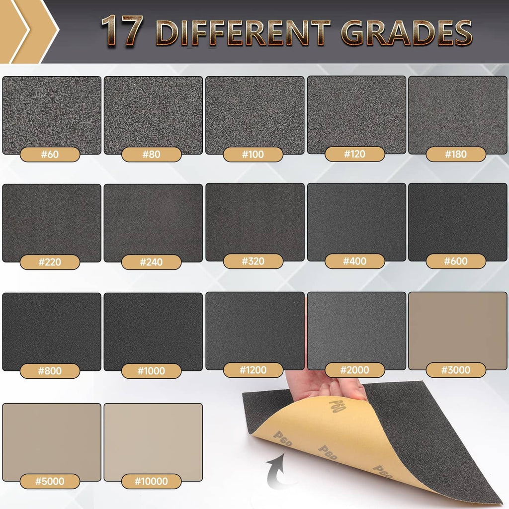 Black wet/dry sandpaper sheets, 17 grit grades from #60 to #10000