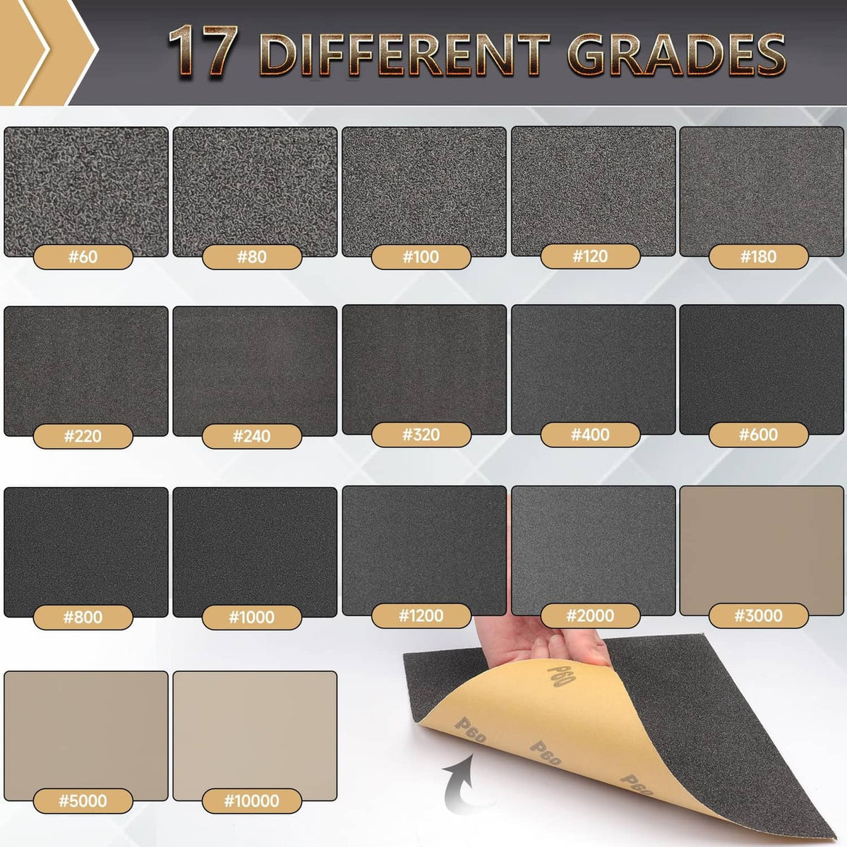 Black wet/dry sandpaper sheets, 17 grit grades from #60 to #10000