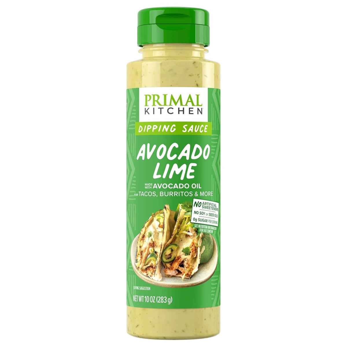 Avocado lime dipping sauce bottle with Primal Kitchen label, 10 oz, green cap