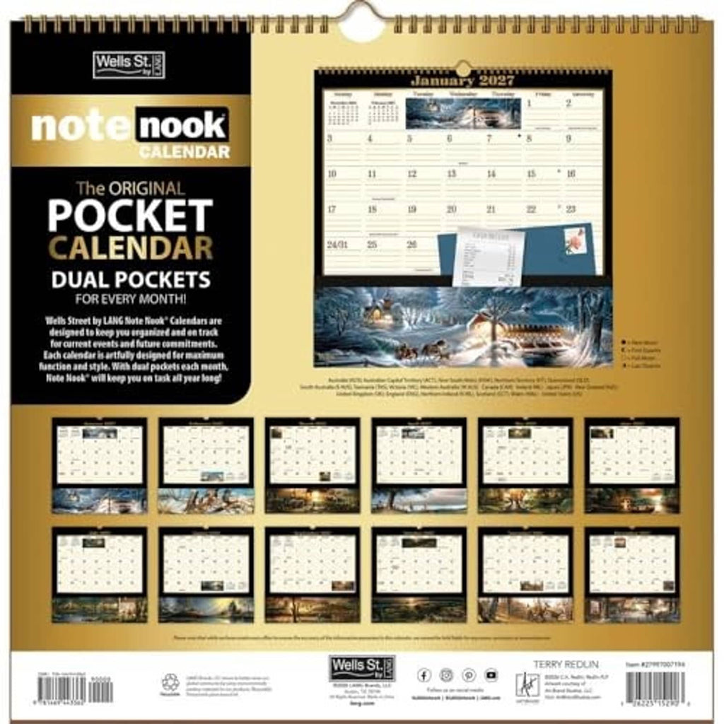 2027 pocket calendar back view with multiple mini monthly calendars and pockets