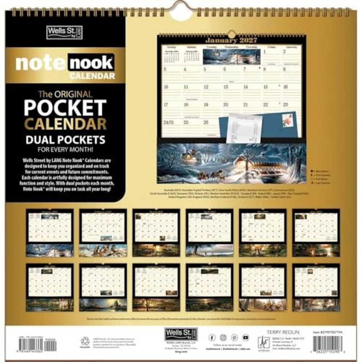 2027 pocket calendar back view with multiple mini monthly calendars and pockets