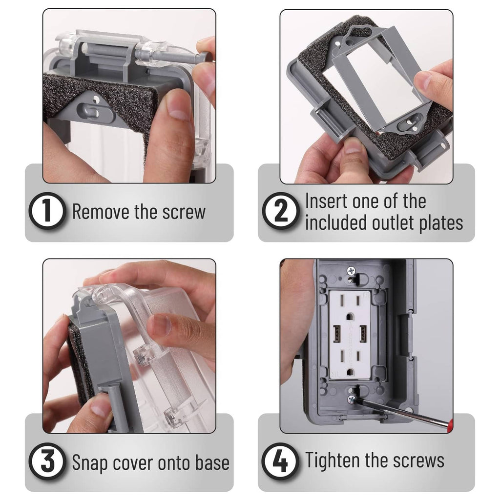 Installation steps for a clear weatherproof 1-gang outlet cover: snap on and tighten screws