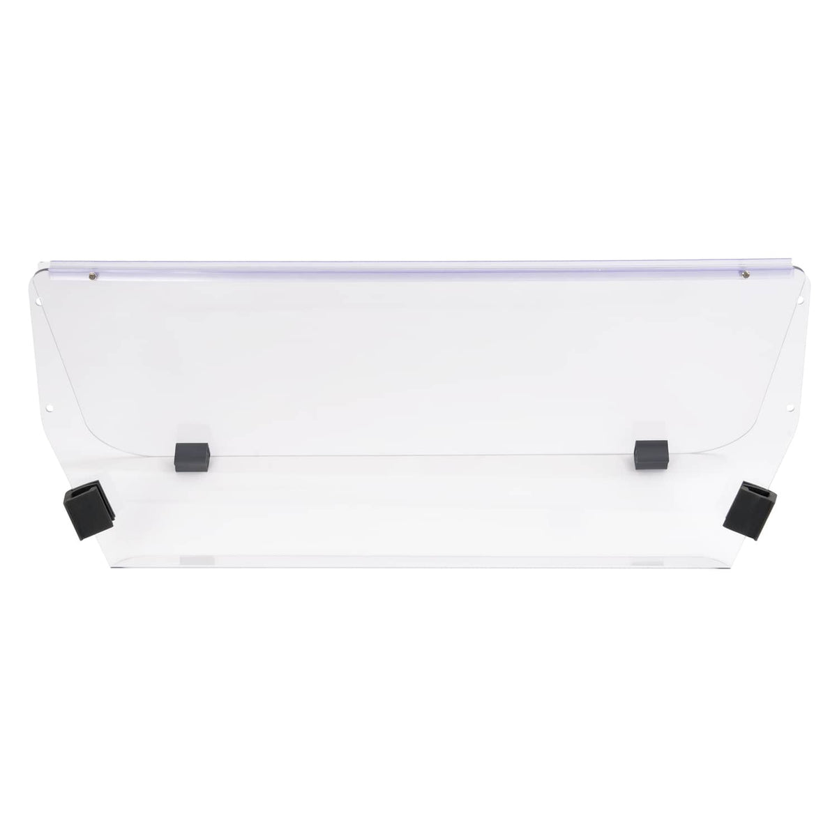 Clear vented golf cart windscreen windshield with black corner mounts, side view