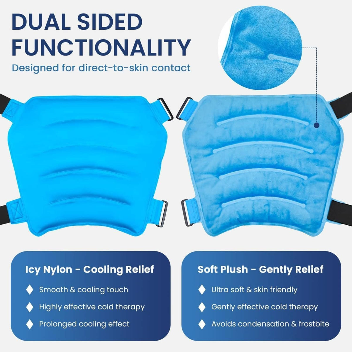 Dual-sided blue gel ice pack wrap with black hook-and-loop straps