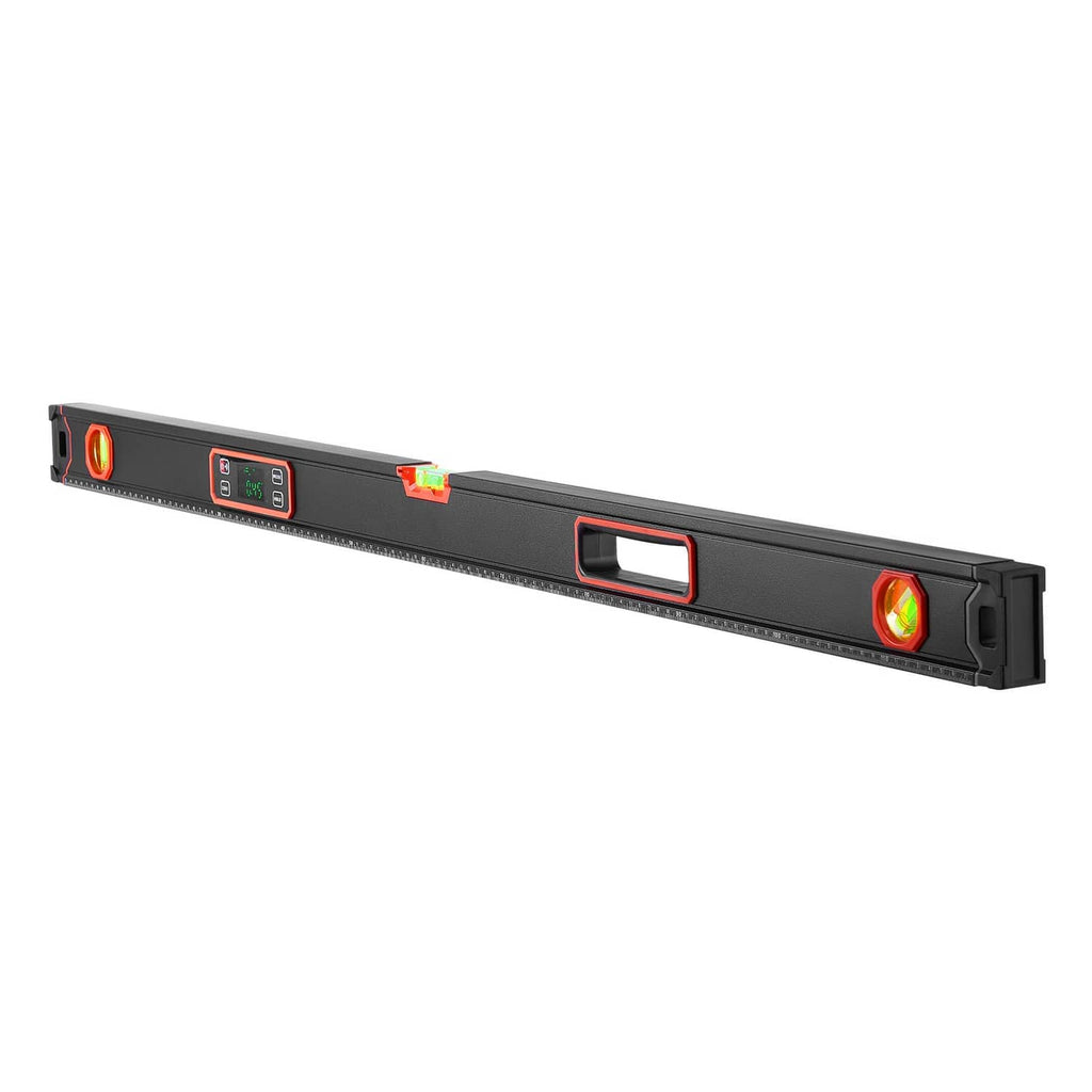 Digital magnetic level, black with LED backlit display and red vials