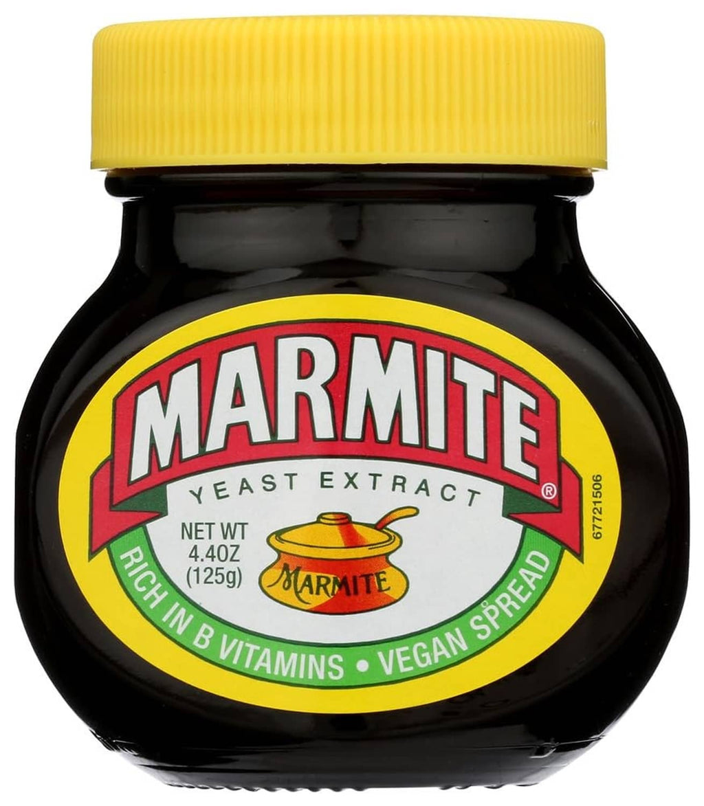 Yeast extract jar with Marmite front label, yellow cap