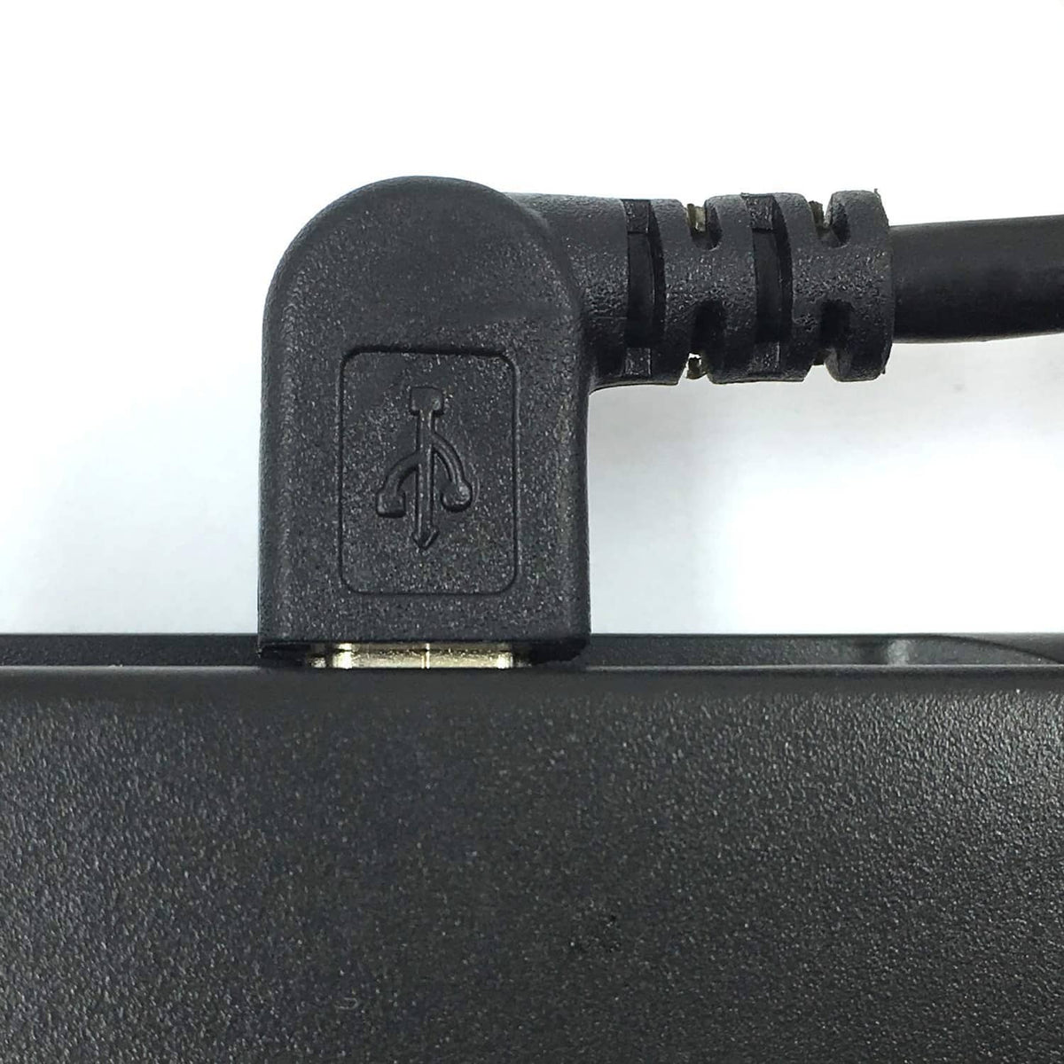 Mini USB plug end on black charging cable, molded strain relief with metal contacts