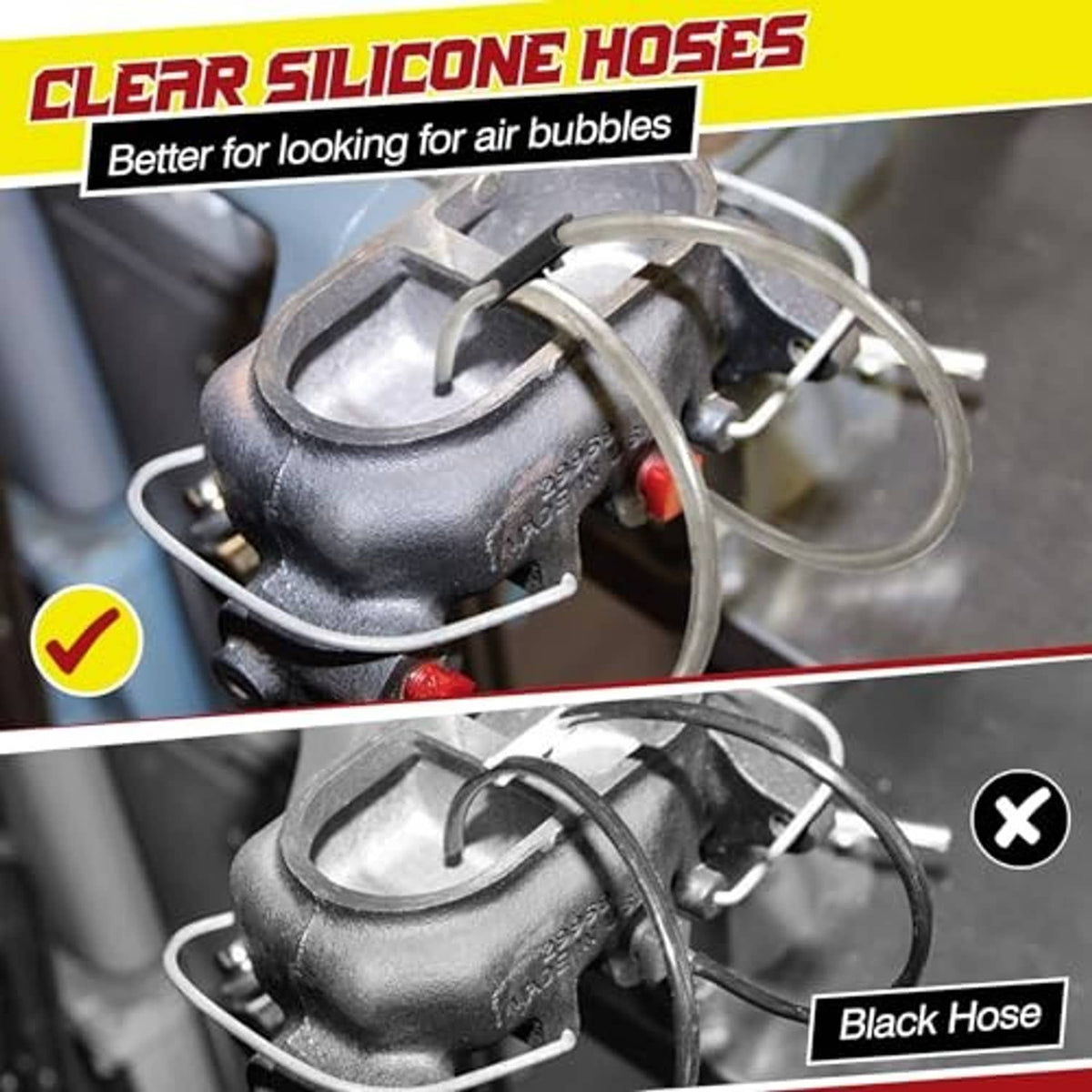 Clear silicone bleeder hoses connected to brake master cylinder with red fittings