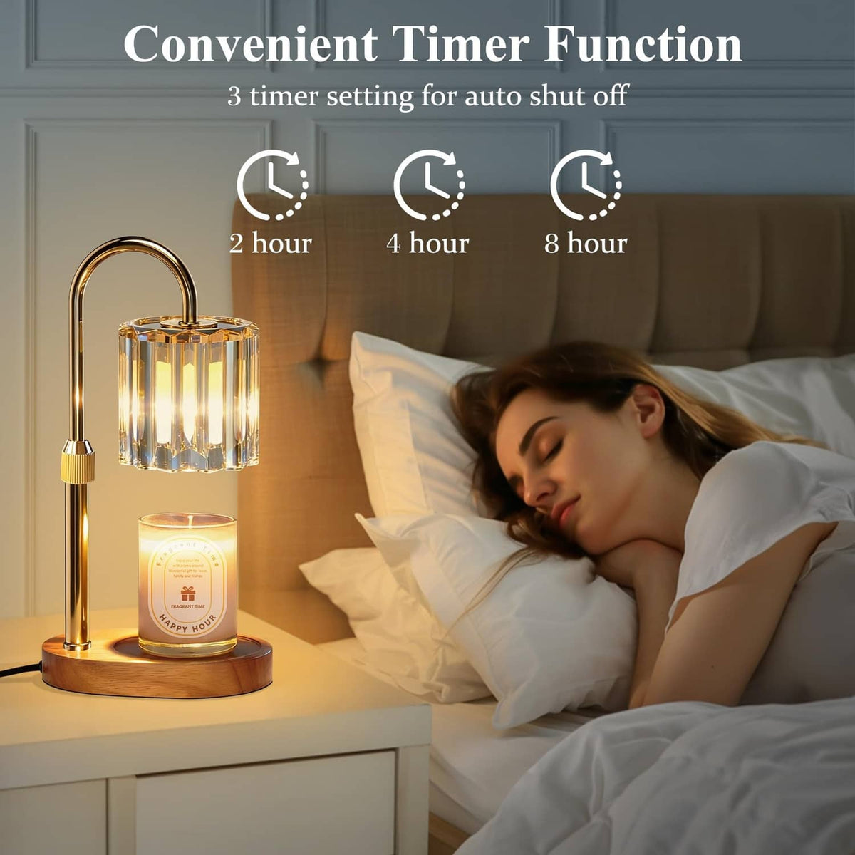 Gold candle warmer lamp with clear glass shade and lit candle jar on bedside table