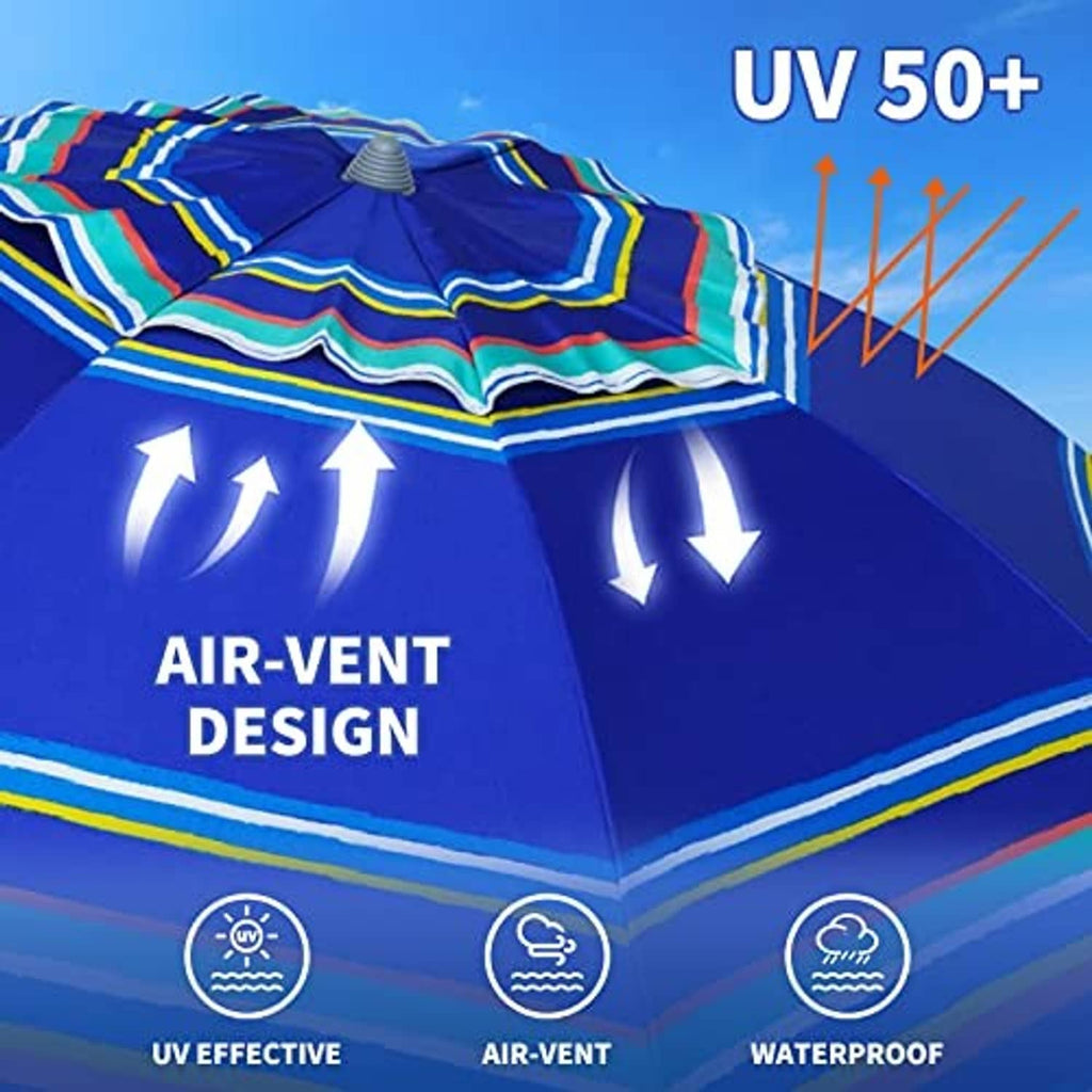 Blue beach umbrella canopy with striped trim and vented airflow panels