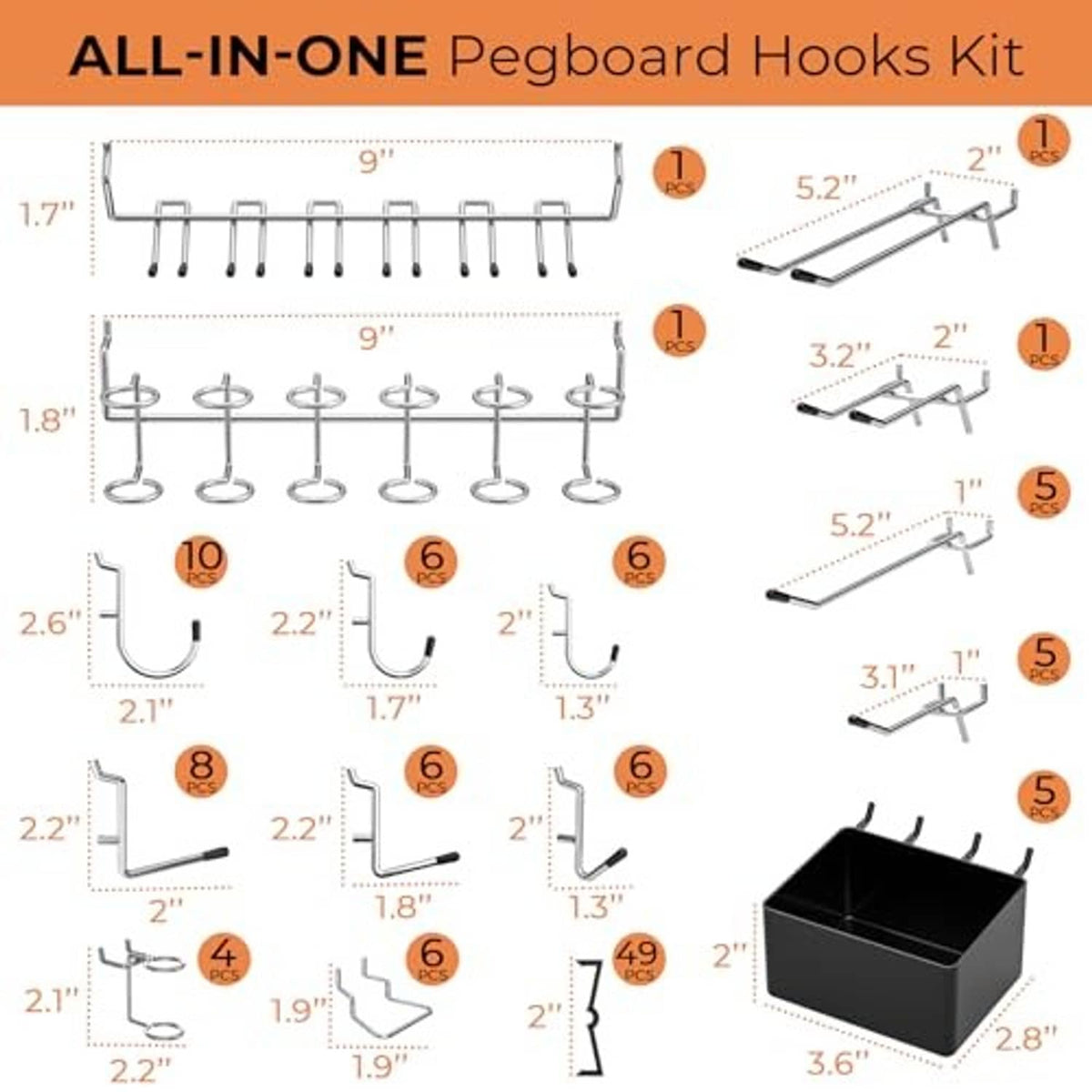 All-in-one pegboard hooks kit with measured hook sizes and black bin organizer