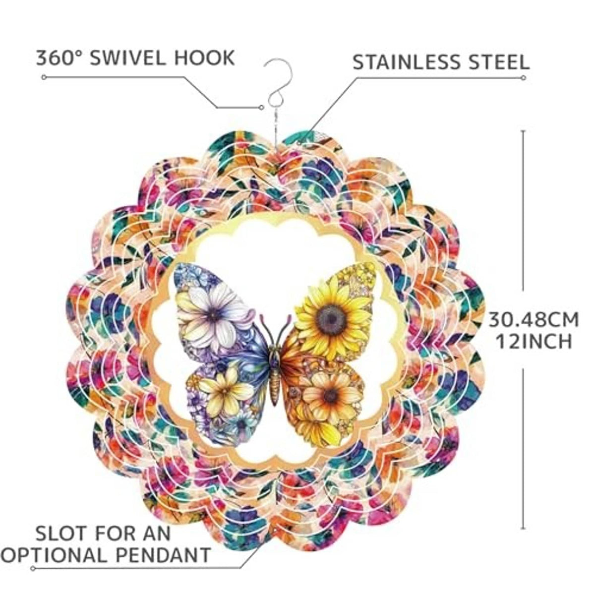 3D kinetic wind spinner diagram with stainless steel swivel hook, 12 in
