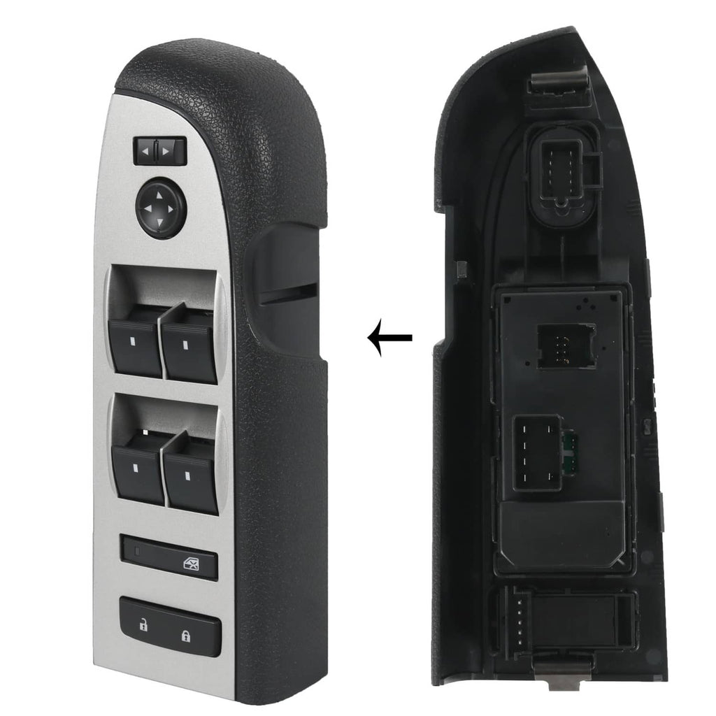 Power window switch with black bezel, front controls and rear connector view