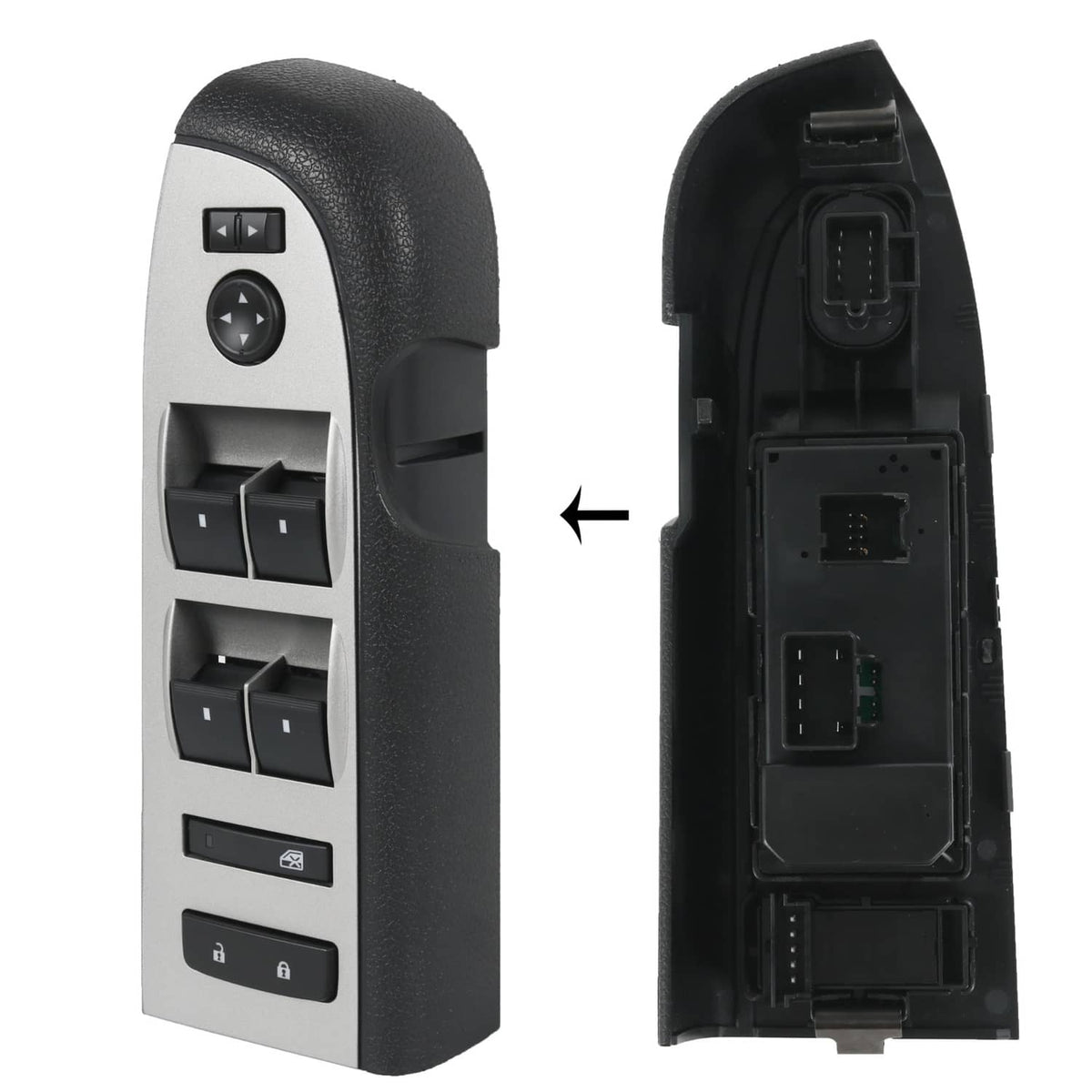 Power window switch with black bezel, front controls and rear connector view