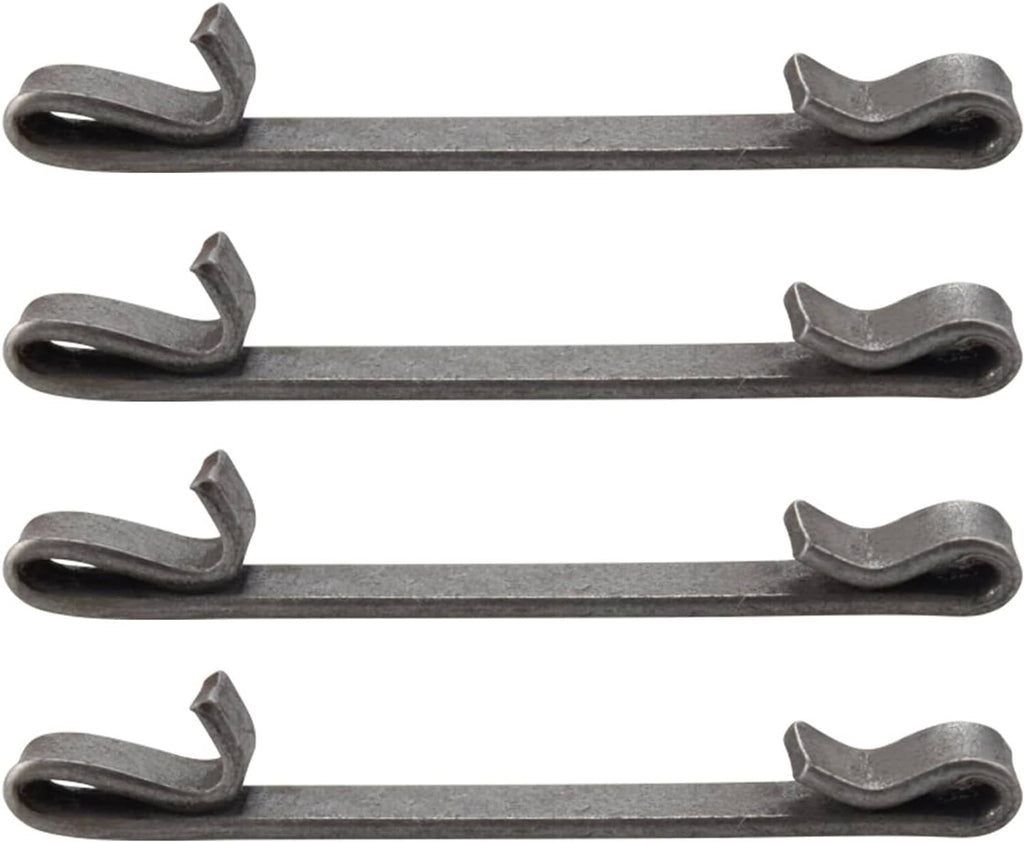 Four dark metal double-loop keeper clips for toolbox drawer slides