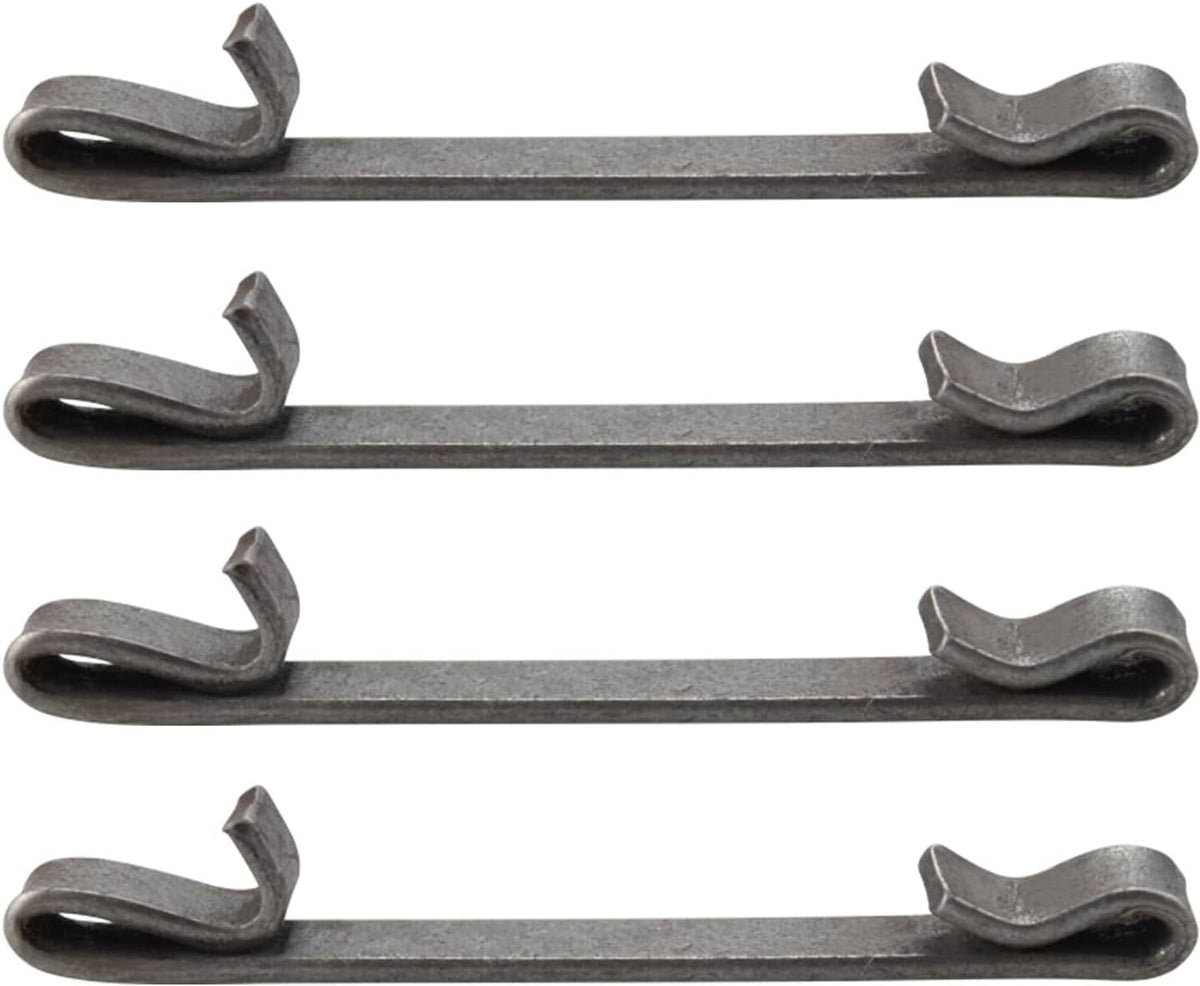 Four dark metal double-loop keeper clips for toolbox drawer slides