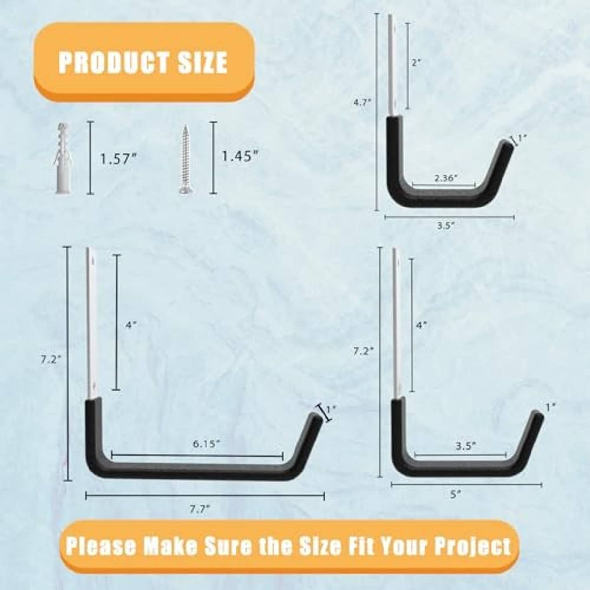 Black U-shaped PVC-coated utility hooks with screw-mounting plates