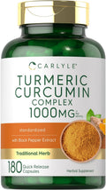 Carlyle turmeric curcumin complex 1000mg supplement bottle, 180 quick release capsules