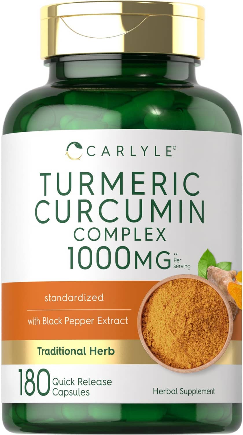 Carlyle turmeric curcumin complex 1000mg supplement bottle, 180 quick release capsules