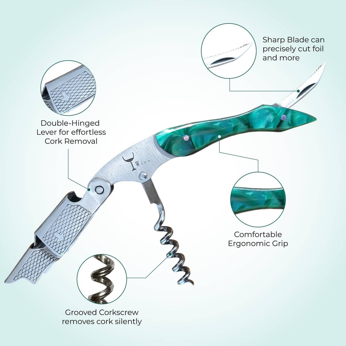 Emerald green wine corkscrew with ergonomic grip, double-hinged lever, and blade.