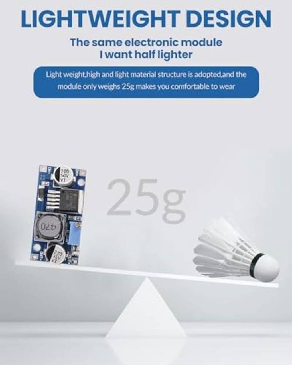Lightweight design infographic showing regulator module and 25g weight graphic