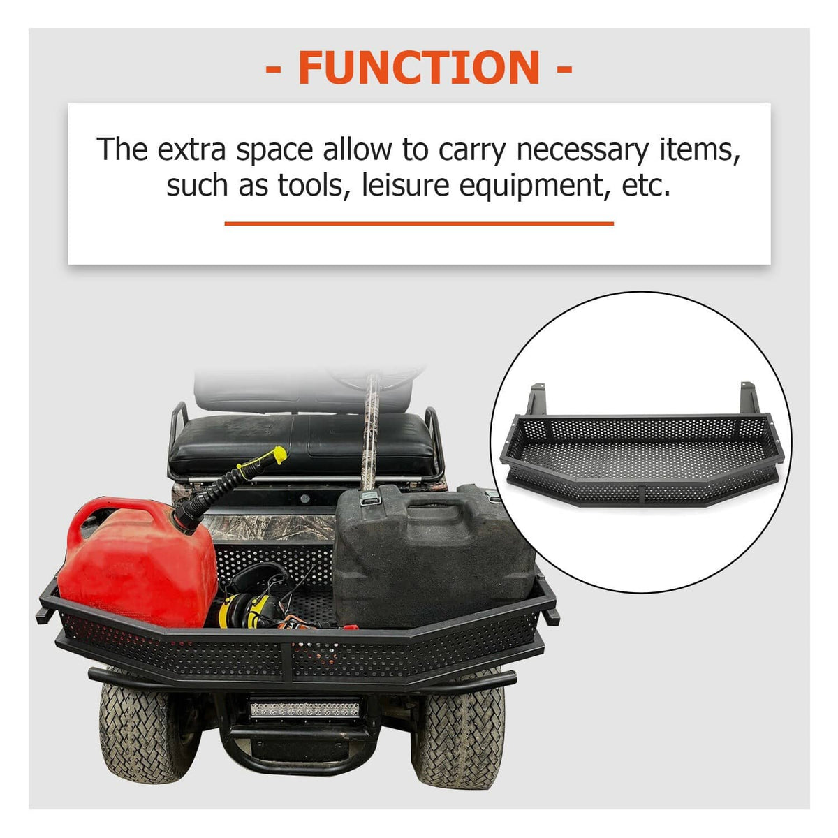 Black perforated utility basket attached to front cargo area with side support rails