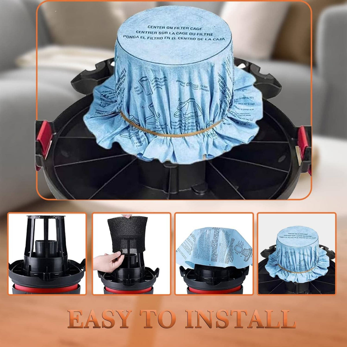 Blue pleated wet/dry vacuum filter cover installed on black vacuum base