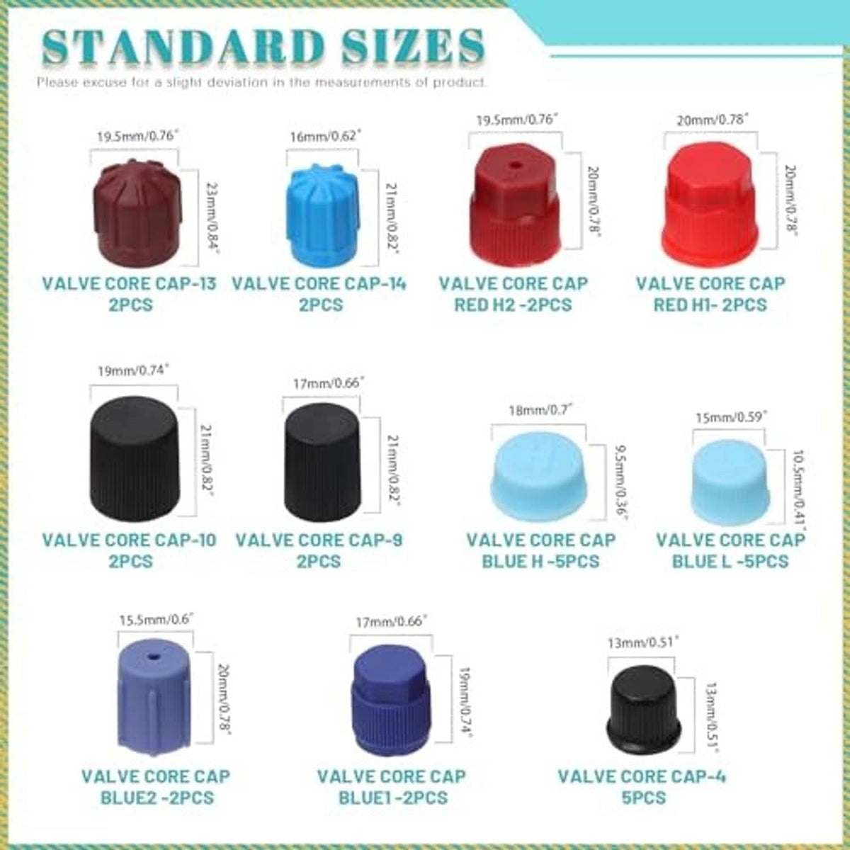 A/C valve core dust caps in multiple colors, shown with size options