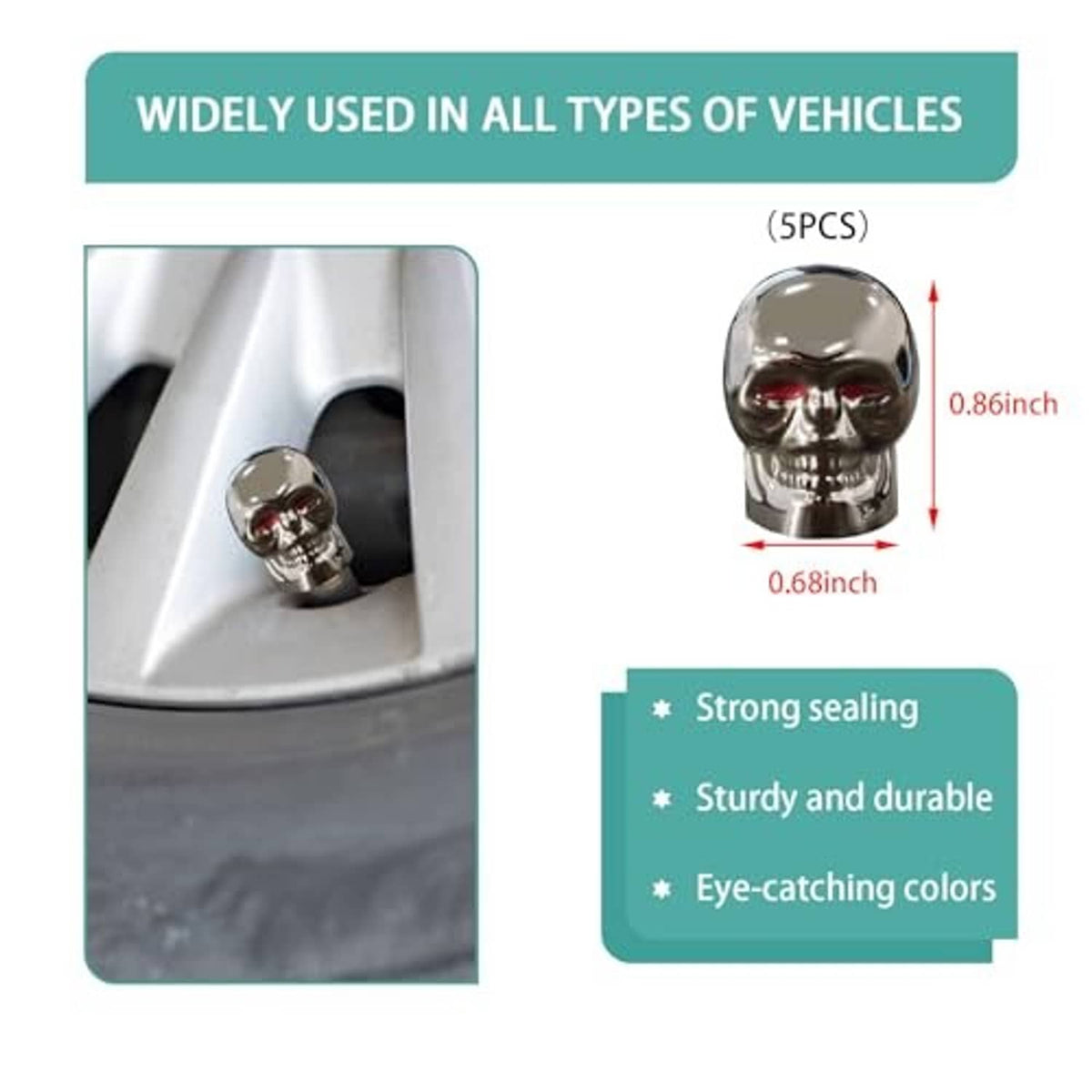Single chrome skull tire valve stem cap with red eyes and rubber base ring