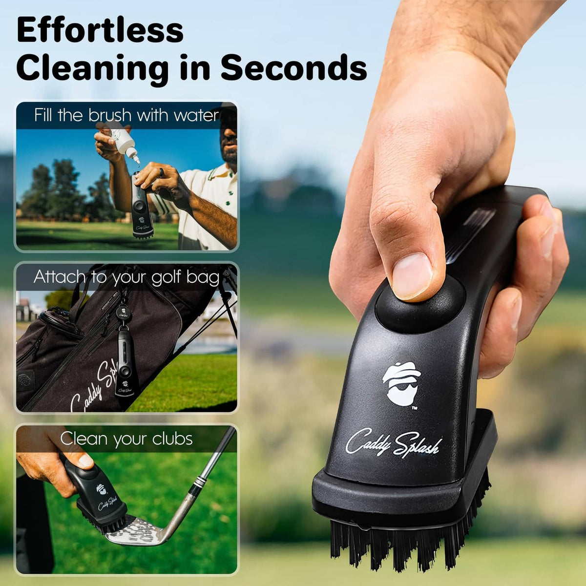 Black golf club brush cleaner with push button controls, bristle head in view