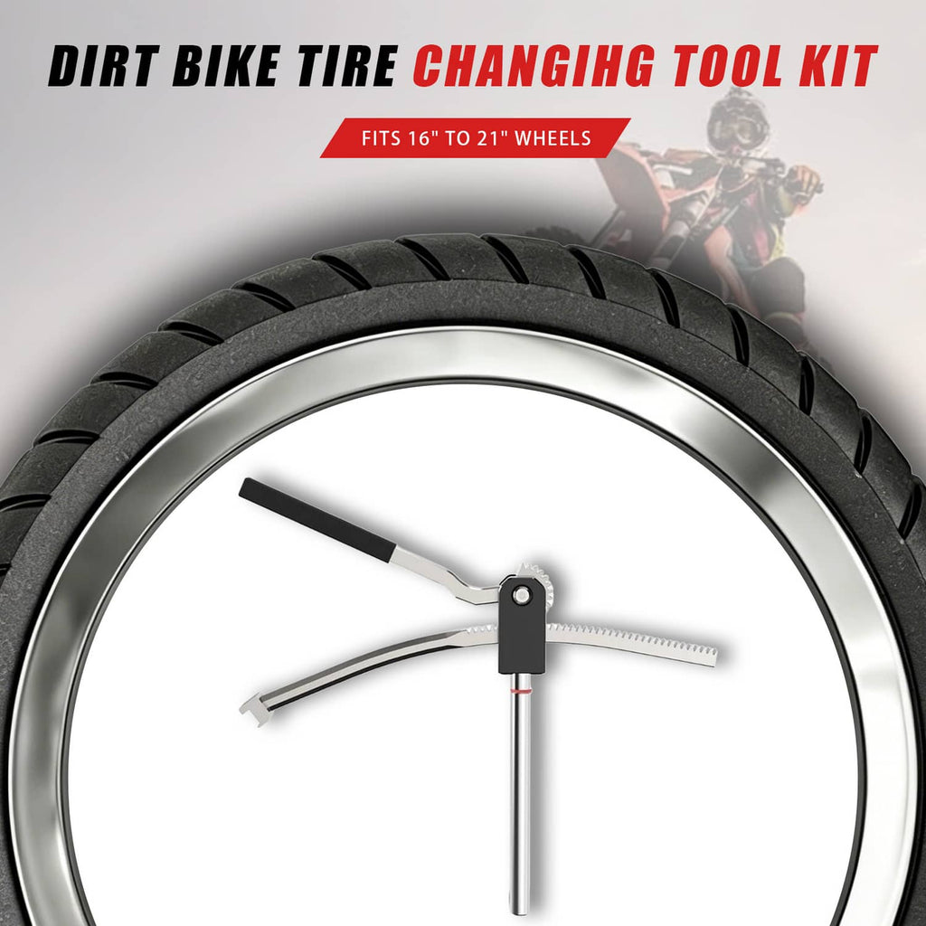 Dirt bike tire changing tool mounted on a wheel rim with mounting lever