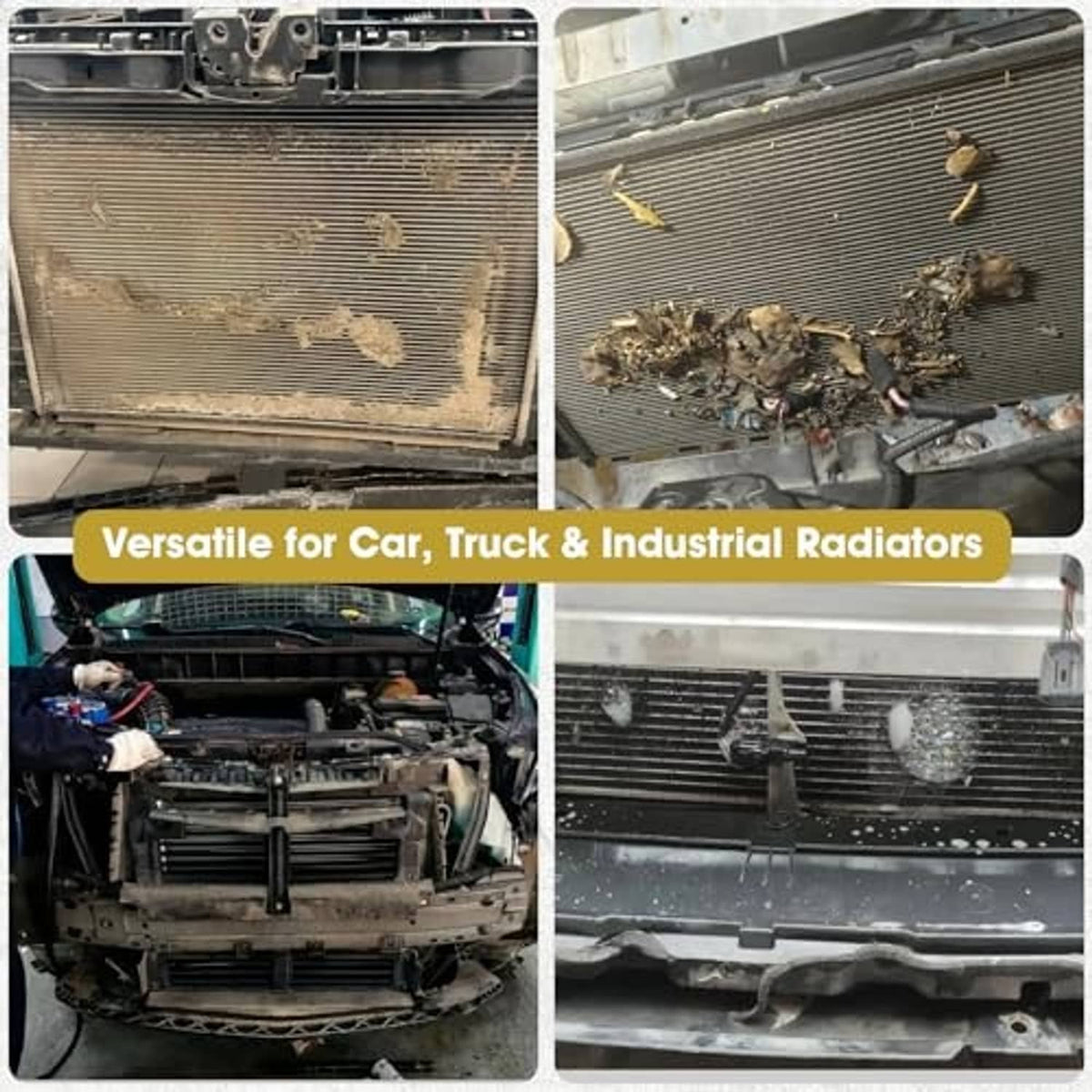 Radiator cleaning wand spraying through car radiator fins to remove built-up debris