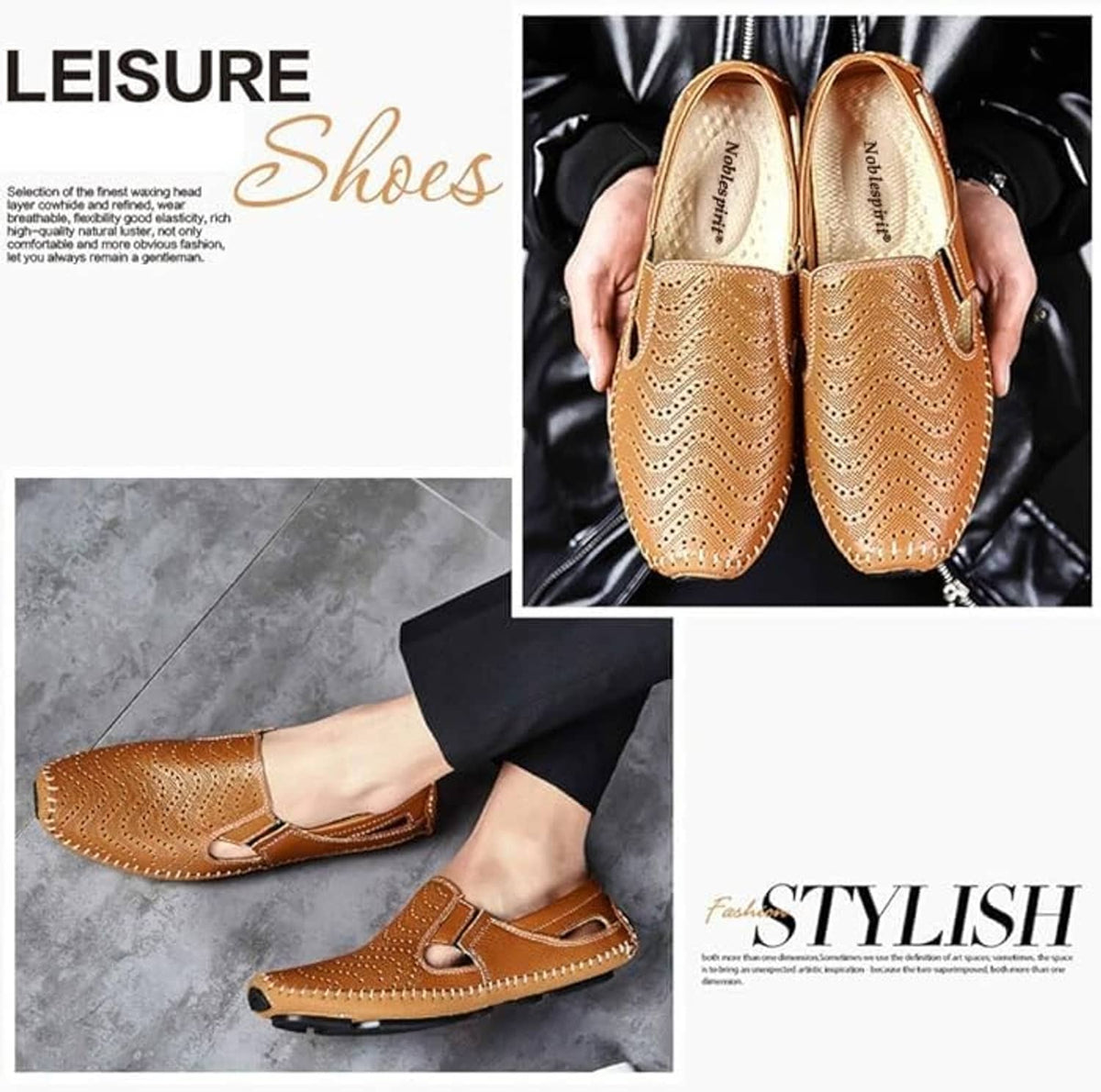 Tan brown perforated leather slip-on loafers, viewed from heel and toe