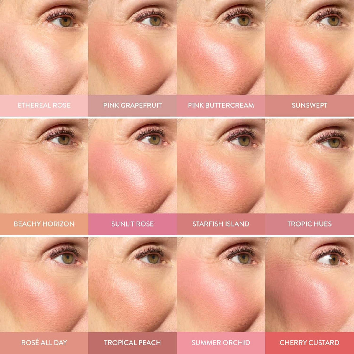 Multiple cheek swatches showing blush shades from pink rose to tropical peach