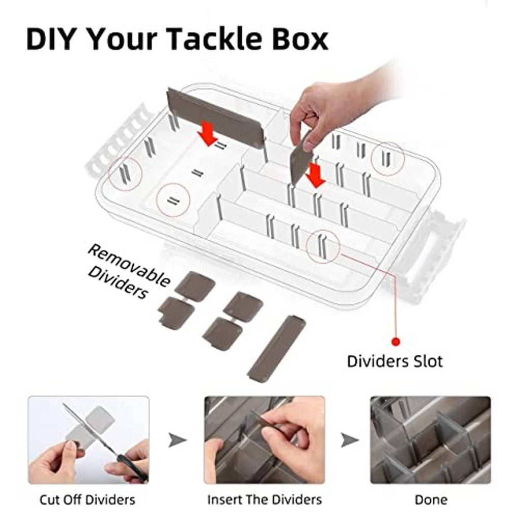 Transparent-lid tackle box with removable dividers and divider slots for DIY setup