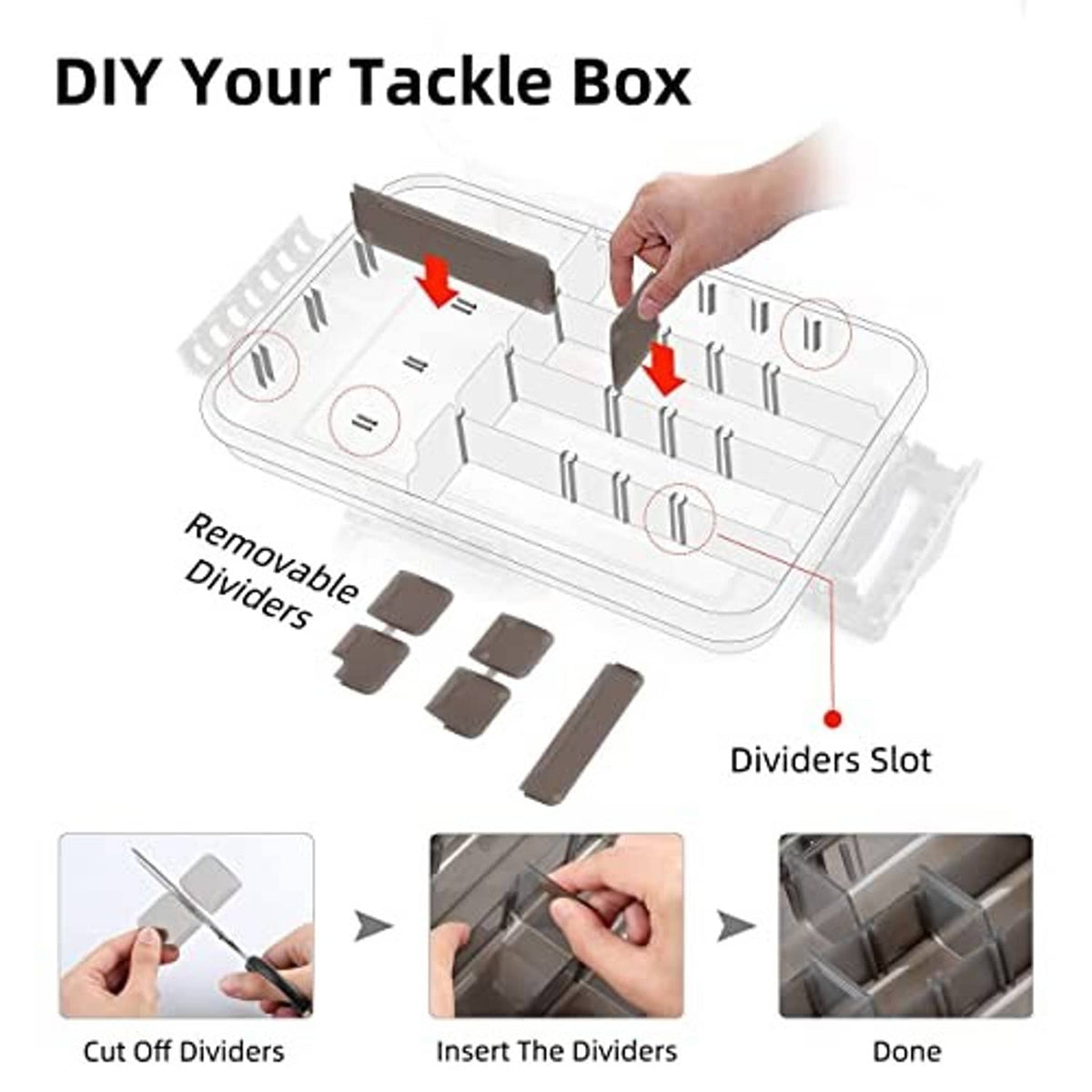 Transparent-lid tackle box with removable dividers and divider slots for DIY setup